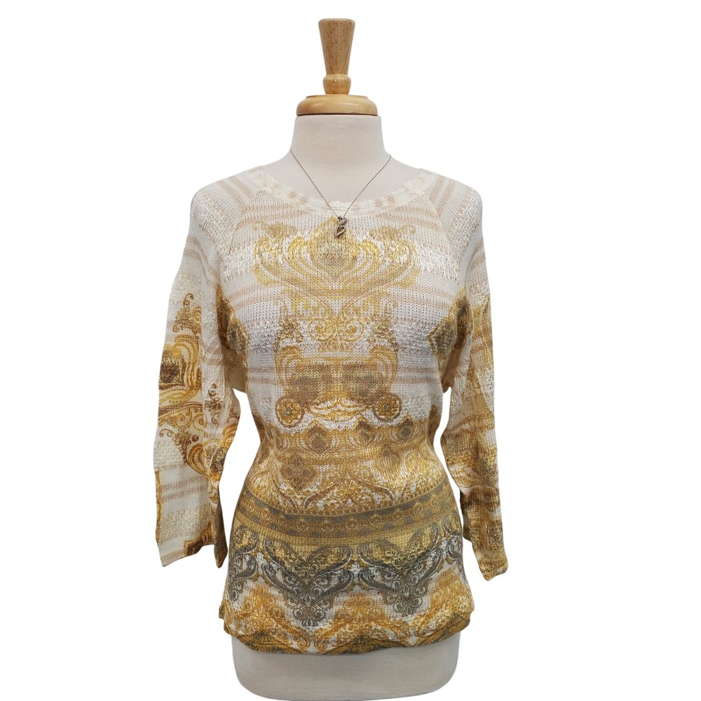Cocomo Womens 3/4 Sleeve Knit Sweater Top Size XL Gold White Lightweight Stretch